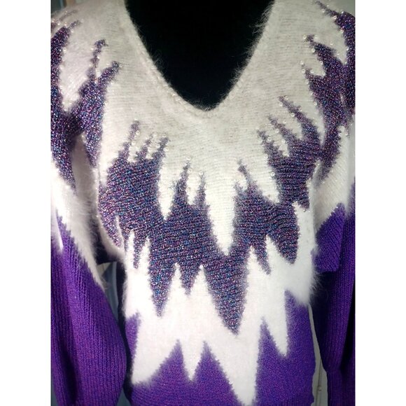 Vintage 80s Hollywood Luxury Purple Metallic White Angora Pearls Sweater M - Picture 5 of 16